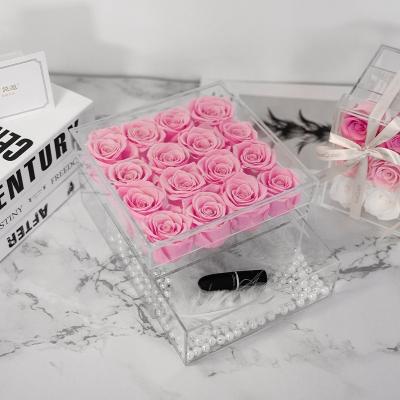 China Wholesale Fresh Rose Cut Eternal Roses Box Real Natural Preserved Roses In Acrylic Box With Drawer for sale