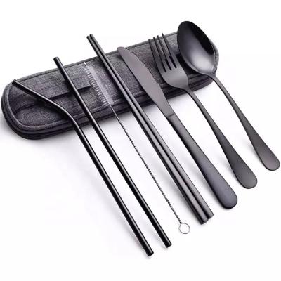 China Sustainable Outdoor Travel Camping Portable Stainless Steel Silverware Utensil Cutlery Flatware Set With Organizer Felt Case for sale