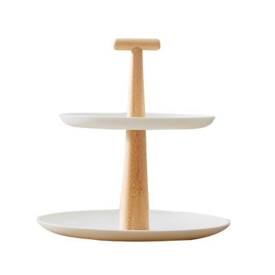 China Viable White Cupcake Stand Dessert Stand With Handle 2 Tier Wooden Round Ceramic Tray And Cake Stand Cute Set for sale