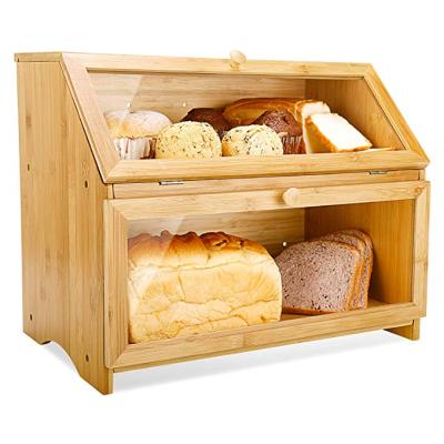 China Sustainable Double Layer Bread Box For Kitchen Large Capacity Bamboo Food Storage for sale