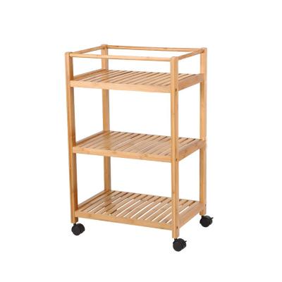 China Modern Bamboo 3 Tier Rolling Serving Cart Storage Utility Shelf with Removable Hooks and Lockable Wheels for sale