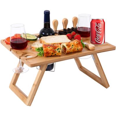 China Wine Picnic Table Portable Easy Carry Foldable Bamboo Snack Table with Wine Bottle and Glass Holder for Outdoor Indoor Beach for sale