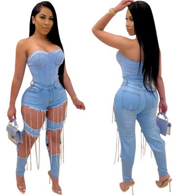 China Wholesale Tight Hole Ladies Anti-wrinkle Tassel Denim Pants Summer Blue Women Ripped Jeans Trousers for sale