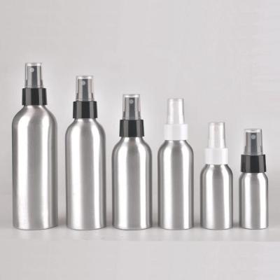 China 30ml 50ml 100ml 120ml 150ml 250ml Personal Care Aluminum Bottle With Black And White Spray Pump for sale