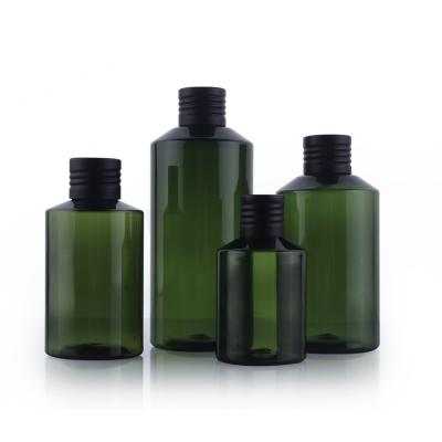 China Dark Green Personal Care Shoulder 50ml 100ml 150ml 200ml PET Bevel Bottle With Black Aluminum Cap for sale