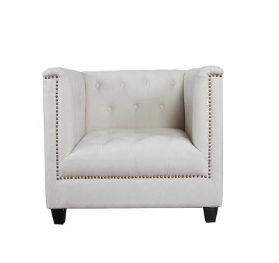 China Modern White Tufted Nail Head Upholstered Barrel Armchair With Stable Iron Frame Legs for sale