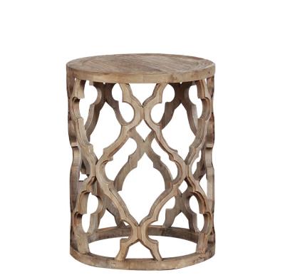 China Small Round Reclaimed Elm Glass Side Table With Parquet For Event Rental for sale