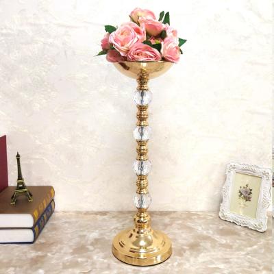 China Weddings Wedding Decoration Gold Metal Crystal Candle Holder Tall Flower Vase Stand for sale