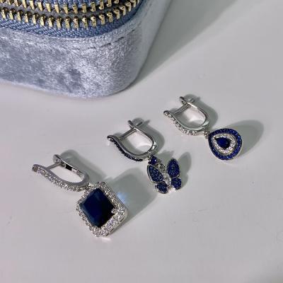 China WE0356 Wholesale CLASSIC Rhodium Plated Small Drop Circle Stone Blue Stone 925 Sterling Silver Earrings for sale