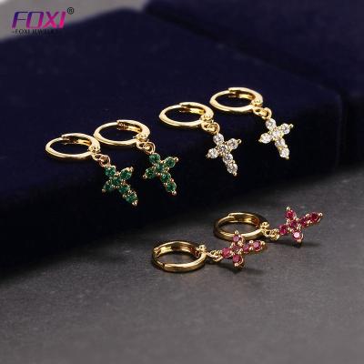 China Hiphop Foxi Cross Earrings Jewelry Stocks Hanging Small Colorful Diamond Circle Earrings for sale