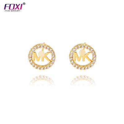 China Foxi TRENDY Jewelry 18k Gold Plated Fashion Brass CZ Stone Hoop Letter Stud Earrings Cooper Piercing For Women 2021 for sale