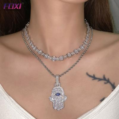 China TRENDY 18K Gold Plated Jewelry Bling Bling Zirconia Diamond Evil Eye Hamsa Hand Pendant Necklace for sale