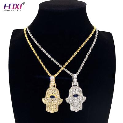 China FASHIONABLE Diamond Iced Out Evil Eyes Hamsa Hand Charm Gold Plated CZ Pendants Chain Necklace for sale