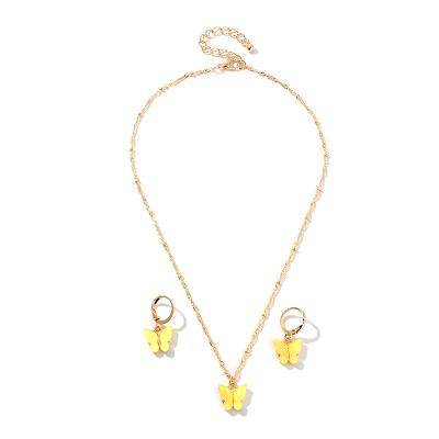 China Wholesale CLASSIC Fashionable Colorful Acrylic Gold Plated Butterfly Necklace Earring Set Butterfly Pendant Jewelry Sets For Women for sale