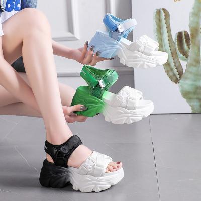 China Fashion Trend New Platform Sandals Women High Heel Shoes Women Buckle Canvas Summer Leather Beach Shoes Zapatos Mujer Wedges Sandals Woman 8cm for sale