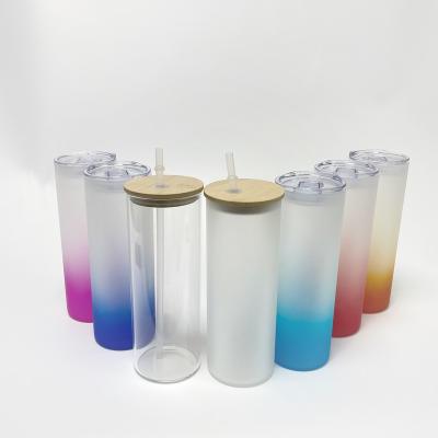 China Wholesale high quality matte frosted gradient straight glass tumbler 25 oz sublimation beer glass canister with bamboo lid for sale