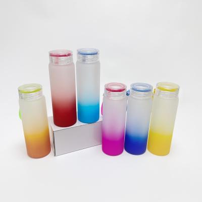 China Portable 17oz 500ml Leak Proof Stocked Matte Bottom Color Sublimation Gradient Glass Frosted Water Bottle With Lid for sale