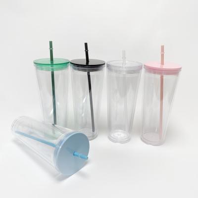 China 2022 Customized Food Grade Stocked Clear Acrylic Cup Tumbler Clear Plastic Reusable Double Cup Wall With Straw for sale