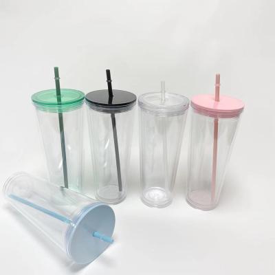 China Reusable Clear Pastel Plastic Acrylic Wall Mounted Mug 16oz 24oz Food Grade Double Cup Tumbler With Straw And Lid for sale