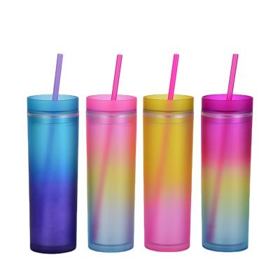 China Wholesale Gradient Pastel Plastic Matte Acrylic Tumbler Rainbow 16oz Double Wall Skinny Stocked Mug With Straw for sale