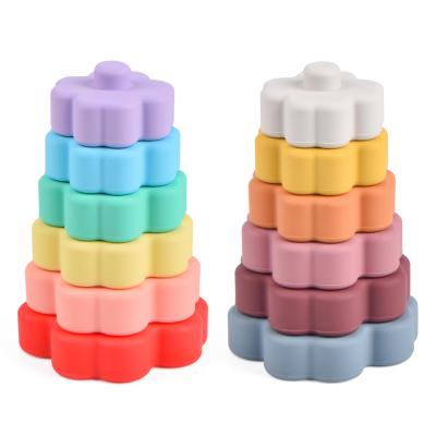 China Hot Selling 100%food Grade Soft Silicone Teether Educational Building Block Montessori Gift Baby Teether Toys Children Kids Silicone Stacking Toy For Kids for sale