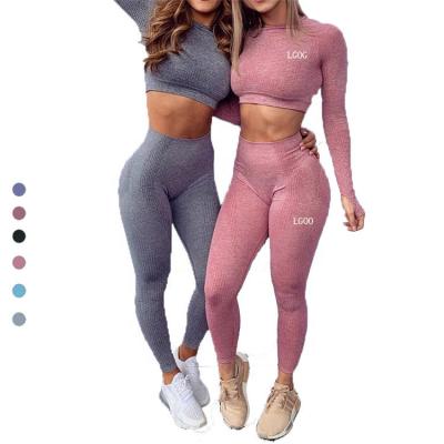 China Customized Logo Women's Breathable Fitness Clothing 2 Piece Solid Color Yoga Knitting Set for sale