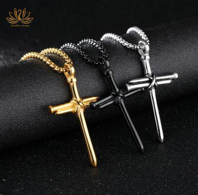 China Christian Religious Punk Style Stainless Steel Cross Pendant Necklace 3 Studs Cross Pendant Necklace With 55cm Chain for sale