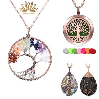 China Tree of Life Necklace Pattern Tree of Life Necklace Rose Pink 14K Gold Plated Pendant Made with Crystal Exquisite Design Jewelery for sale