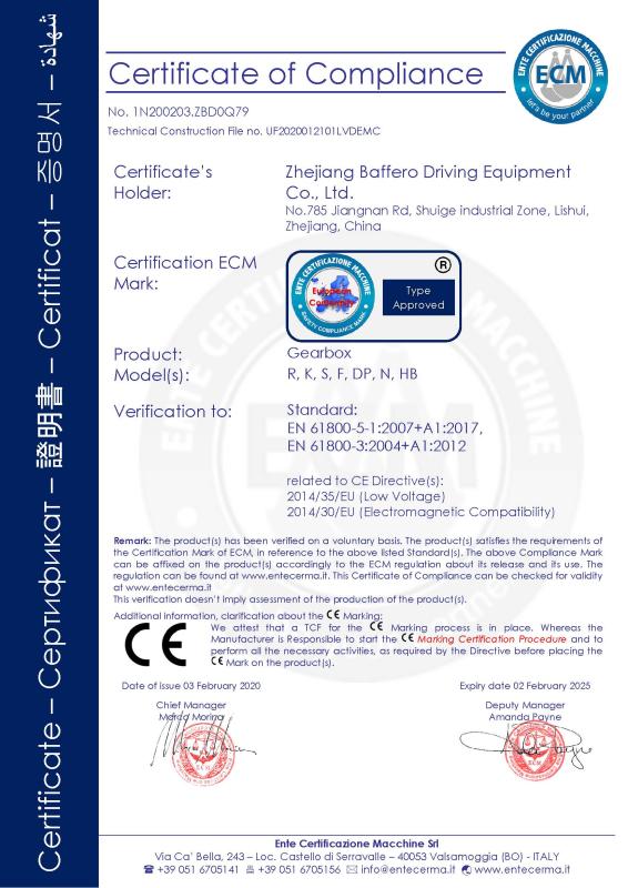 CE - Zhejiang Baffero Driving Equipment Co., Ltd.