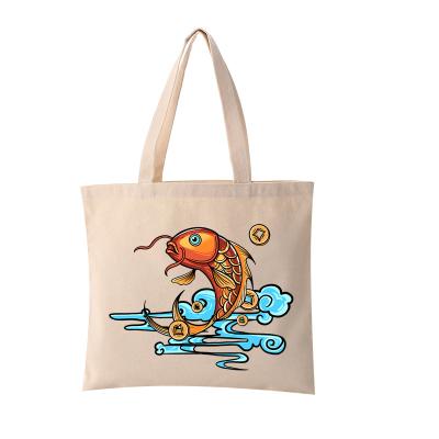 China Reusable red koi polyester cotton canvas handbag canvas mother shopping to work light and large capacity for sale