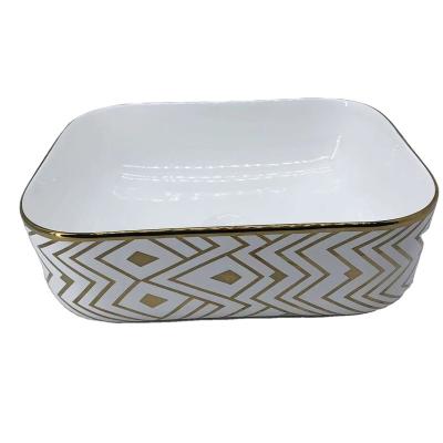 China Modern Modern luxury Hotel&Home Sanitary Ware Rectangle Shape Electroplating Gold Designs Ceramic Sanitary Ware Art Basin for sale