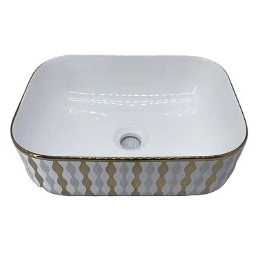 China Modern Bathroom Hotel Sink Art Basin Rectangle Shape Electroplating Gold Designs Top Sink Art Basin for sale