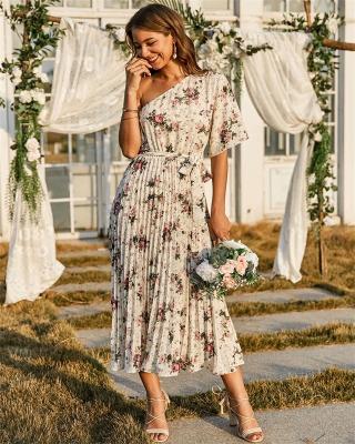 China OEM New Design Private Label Anti-wrinkle Summer Floral Dress High Quality Casual Women Print One Shoulder Belted Edge Pleated Dress for sale