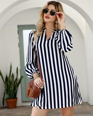 China Anti-Wrinkle Best-Selling Women Sheath Long V-Neck Print Tunic Dress Casual Loose Flow Changeover Team Striped Neck Split Mini Dress for sale