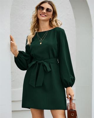 China Anti-wrinkle lantern sleeve belted tunic dress women spring and winter dress high quality lantern sleeve belted tunic long sleeve dress for sale