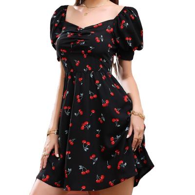 China Anti-Wrinkle 2021 Red Off The Shoulder Sexy Women Dress Summer Bodycon Elegant Casual Dress Wholesale Cherry Print Flower Dresses Lady for sale