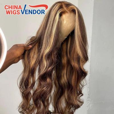 China Silky Straight Wave Ombre Highlight Brown Blonde Colored Human Hair Full Lace Wigs HD Brazilian Straight Full Part Wigs HD T for sale