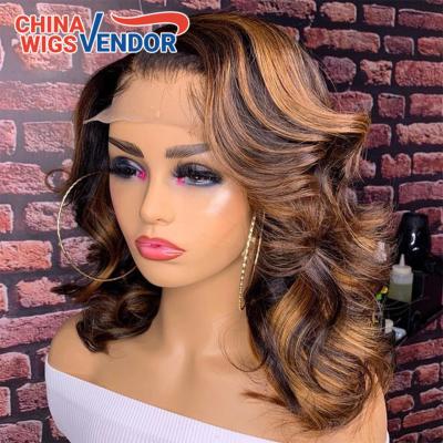 China Short Bob Remy Human Hair Wigs Honey Blonde Lace Front Wig Highlight Body Wave For Women 13x4 Lace Front Human Hair Wigs Wavy for sale