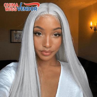 China Glueless Silky Straight Gray Colored HD Part Lace Hair Transparent Wigs Pre Plucked Bleached Frontal Wigs For Black Women for sale