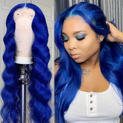 China Brazilian Hair Glueless Wig 180 Density Lace Front Human Wig Long Body Wave Silky Straight Dark Blue Medium Hairline Wig for sale