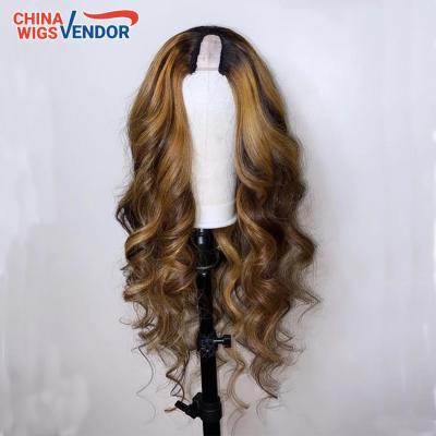 China Honey Blonde Highlight Human Hair U Part Wigs 180% Density Silky Straight Brazilian Remy Hair Wigs Loose Wave U Part Blonde Medium Open Wigs for sale