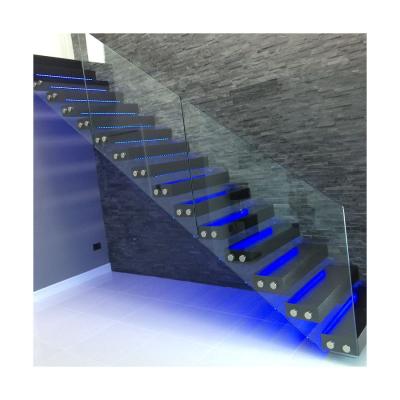 China Modern Wooden Tread Floating Staircase With LED Light Interior Wooden Staircase for sale