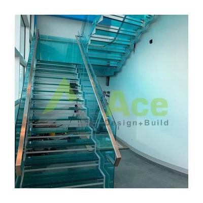 China Modern Double Stringer Steel Beam Glass Staircase With Tempered Glass Railing Tall Staircase for sale