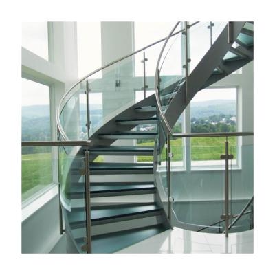 China Modern Modern Curved Steel Stringer Staircase With Curved Railing Stainless Steel Glass Staircase for sale