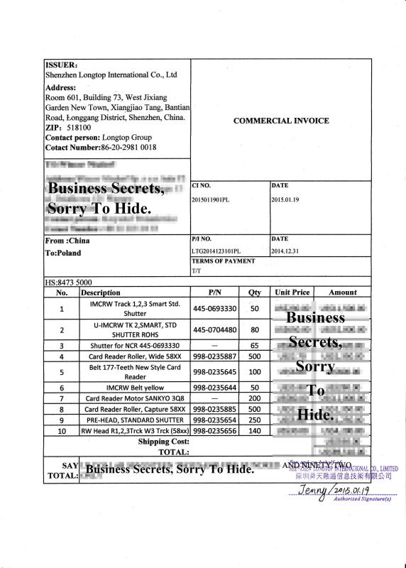 Commercial Invoice - SHENZHEN LONGTOP INTERNATIONAL CO., LIMITED