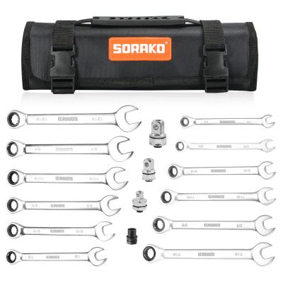 China Hot Selling CRV SORAKO / HYCHIKA SAE 16 PCs Ratcheting Wrench Set with Socket Adapter Combo Wrench Sets for sale