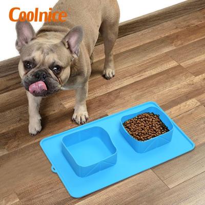 China Outdoor Easy Design Silicone Double Bowl Travel Amazon Wash Dog Bowl Folding Dish Mat for sale