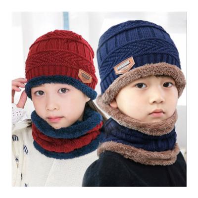 China COMMON Soft Thicken Wool Ski Hat Kids Warm Hats Neck Warm Winter Wool Hat Set Children Beanie Knitted Cap Scarf Set for sale