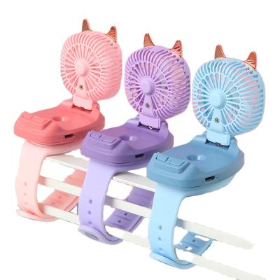 China Protable Mini Cartoon Mini Small Popular Rechargeable Children USB Charging Fan Portable Watch Fan for sale