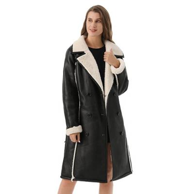 China Women Long Coat Breathable Faux Shearling Faux Fur Collar Leather Ditch for sale